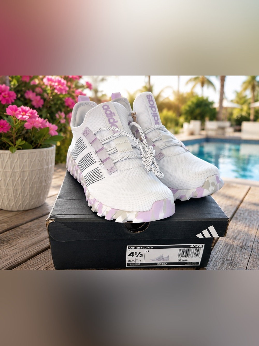 Adidas Kaptir Flow K White Lilac Sneakers Girls Size 4.5 NEW